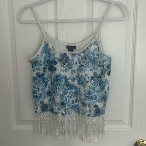 Blue Floral Fringed Top
